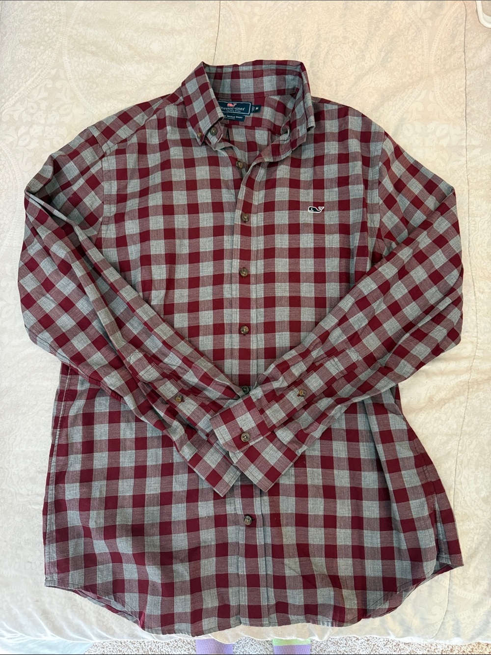Vineyard Vines Men's Burgundy and Gray Plaid Button-Down Shirt